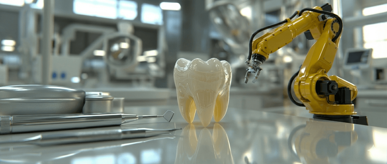 Dental lab background with robotic arm and tooth model